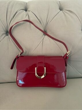Red Patent Shoulder Bag with Gold Hardware
